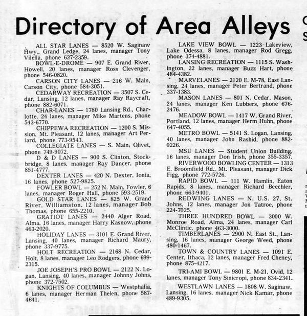 Cedarway Recreation - 1974 List Of Lanes